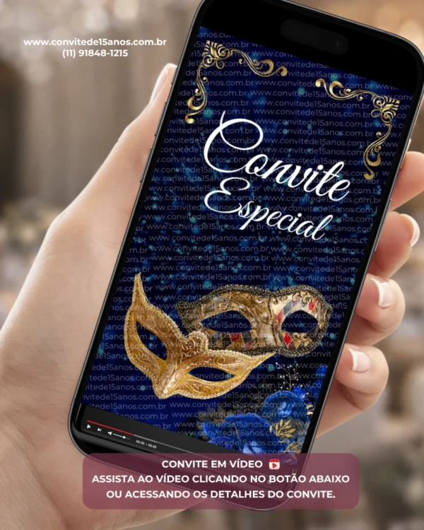 Convite Animado Baile de Máscaras exibido em smartphone, com máscara veneziana dourada, detalhes sofisticados em azul e dourado e animações elegantes inspiradas nos tradicionais bailes de gala e máscaras.