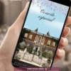 Convite Animado Bridgerton para festa de 15 anos exibido em celular, com mansão clássica, jardins floridos, atmosfera romântica inspirada na era da realeza inglesa e animações elegantes.