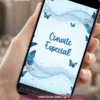 Convite Animado com Borboleta Azul exibido em celular, com animações delicadas, efeitos brilhantes e visual elegante para festa de 15 anos.