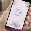 Convite animado de 15 anos na cor lavanda exibido em smartphone, com flores delicadas em tons de lilás, design romântico e animações suaves para uma celebração elegante.
