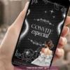 Convite Animado de Debutante Preto exibido em smartphone, com elementos em preto e branco, detalhes brilhantes, ilustrações delicadas e animações elegantes que destacam a sofisticação da festa de 15 anos.