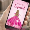 Convite Animado de Debutante Rosa com vestido de princesa em tom pink, flores delicadas e elementos românticos. Convite digital personalizado para festa de 15 anos.