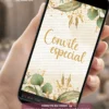 Convite animado dourado com folhas verdes, detalhes em glitter dourado e design elegante. Convite digital para 15 anos com animações delicadas e visual sofisticado.