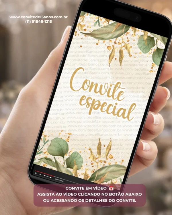 Convite animado dourado com folhas verdes, detalhes em glitter dourado e design elegante. Convite digital para 15 anos com animações delicadas e visual sofisticado.