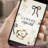 Convite animado com laços pretos e detalhes dourados, apresentado em smartphone, com design elegante e minimalista para festa de 15 anos.