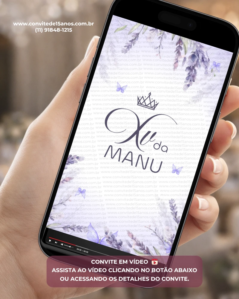 Convite Animado Lavanda com Foto para 15 anos, decorado com flores de lavanda em tons suaves de lilás, borboletas delicadas e espaço para foto personalizada da debutante.