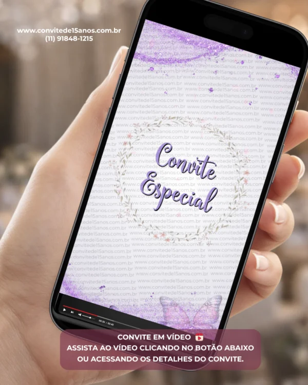 Convite Animado Lilás para 15 anos com detalhes florais delicados, moldura elegante e brilho suave. Convite digital personalizado com animações encantadoras para debutantes.