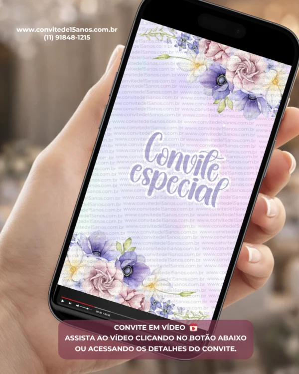 Convite Animado Lilás com Foto para 15 anos, decorado com flores delicadas em tons de lilás e lavanda. Convite digital personalizado com foto da debutante, animações suaves e visual romântico.