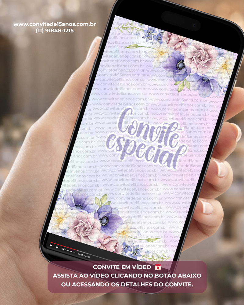 Convite Animado Lilás com Foto para 15 anos, decorado com flores delicadas em tons de lilás e lavanda. Convite digital personalizado com foto da debutante, animações suaves e visual romântico.
