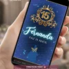 Convite Animado para 15 Anos Cinderela exibido em smartphone, com elementos inspirados no conto de fadas, brilho delicado, atmosfera encantada e animações elegantes para uma celebração inesquecível.