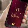 Convite Animado para 15 Anos Vermelho com Dourado, com fundo vermelho elegante, detalhes dourados brilhantes, borboletas decorativas e animações sofisticadas para debutante.