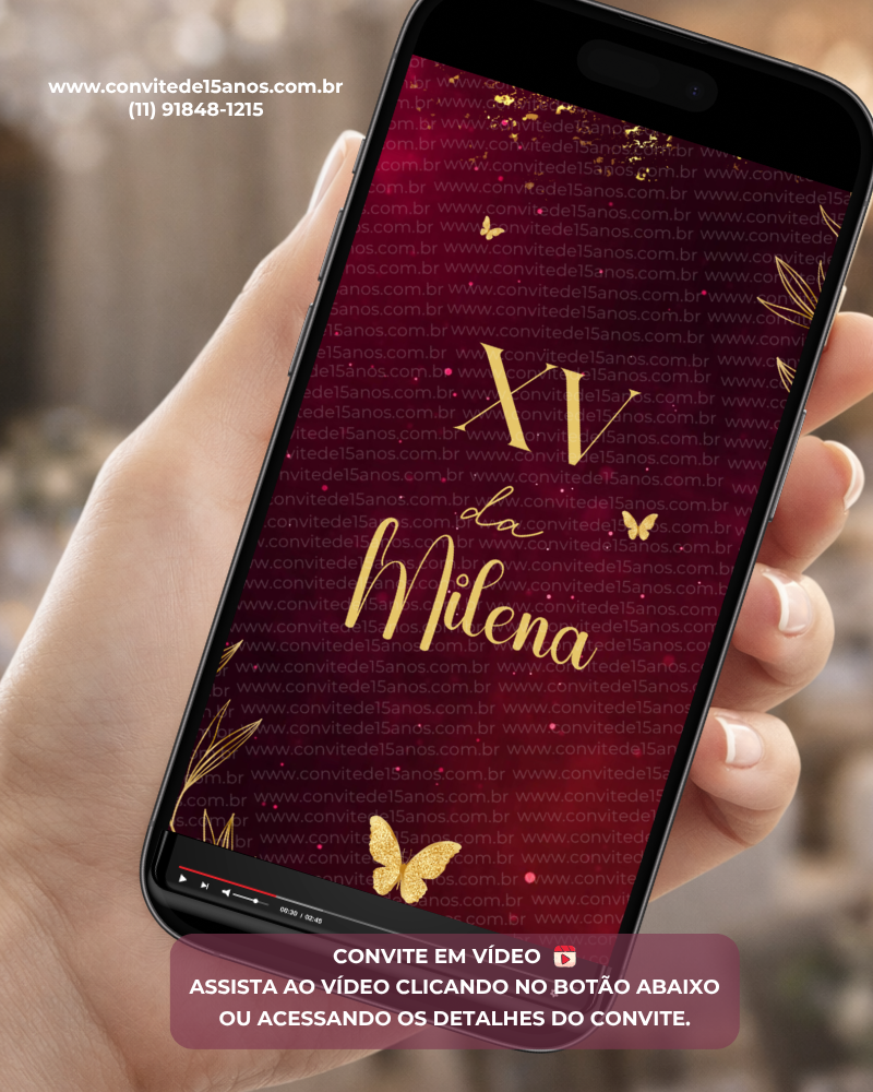 Convite Animado para 15 Anos Vermelho com Dourado, com fundo vermelho elegante, detalhes dourados brilhantes, borboletas decorativas e animações sofisticadas para debutante.