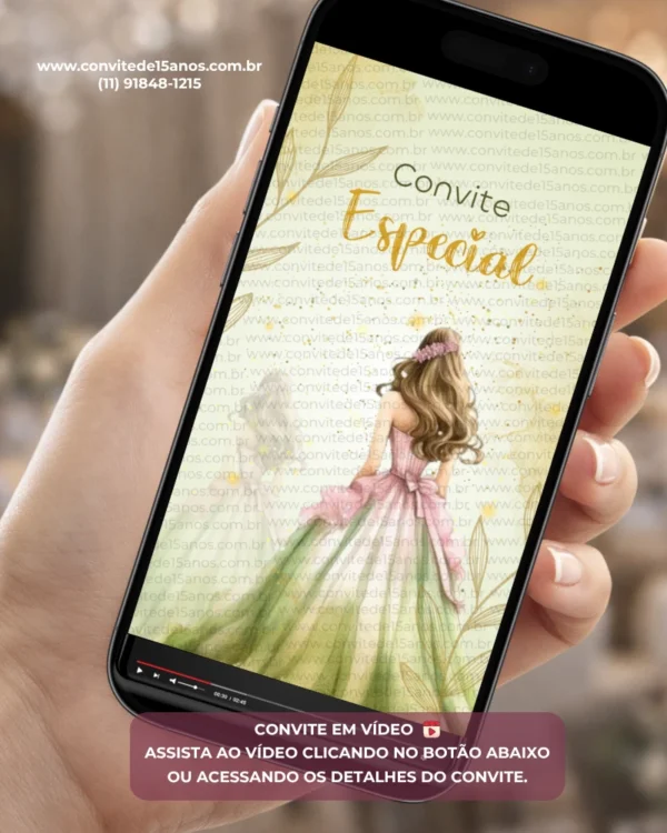 Convite animado para debutante dourado com ilustração delicada de jovem usando vestido elegante, detalhes em dourado e design sofisticado para festa de 15 anos.