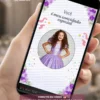 Convite animado para festa de 15 anos lilás com foto da debutante, flores em tons de roxo e lavanda, elementos festivos e animações personalizadas exibidas em smartphone.