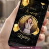 Convite animado preto e dourado para 15 anos com foto personalizada, balões dourados, brilho sofisticado e design elegante para debutante.