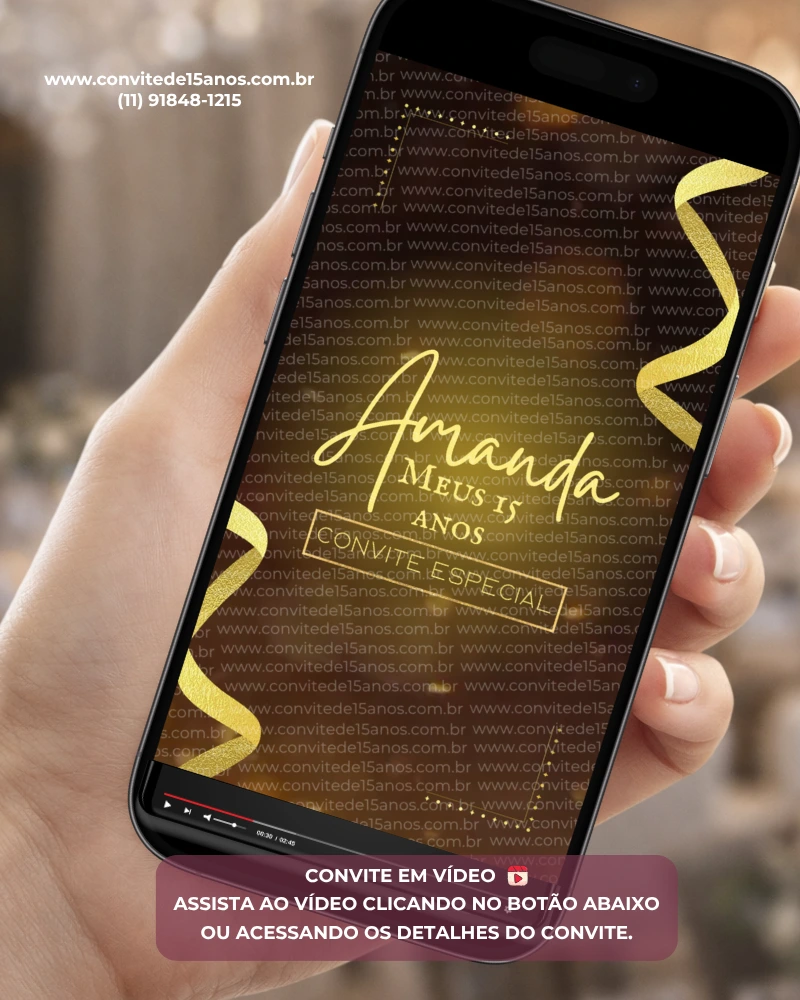 Convite animado preto e dourado com fotos para 15 anos, design sofisticado, detalhes em brilho dourado e animações elegantes para debutante.