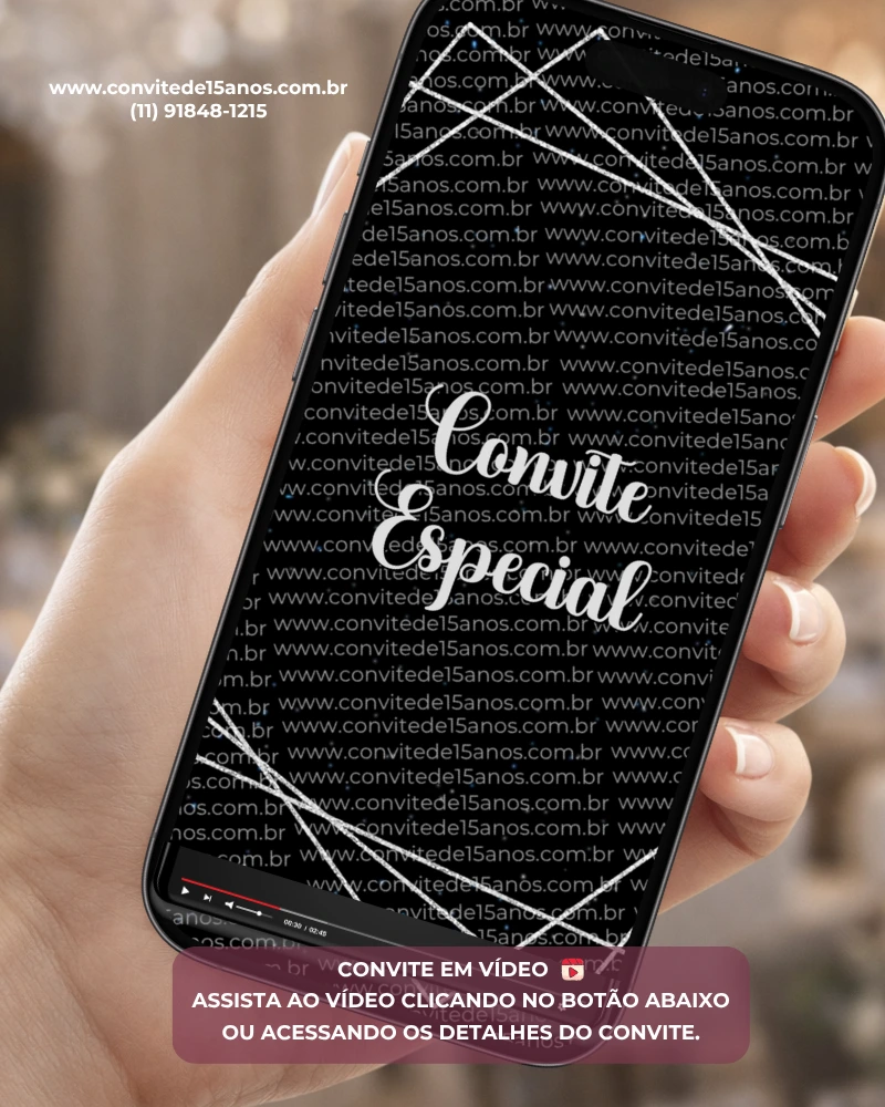 Convite Animado Preto e Prata exibido em celular, com design sofisticado em tons escuros, detalhes prateados geométricos, animações elegantes e visual moderno para festa de 15 anos.