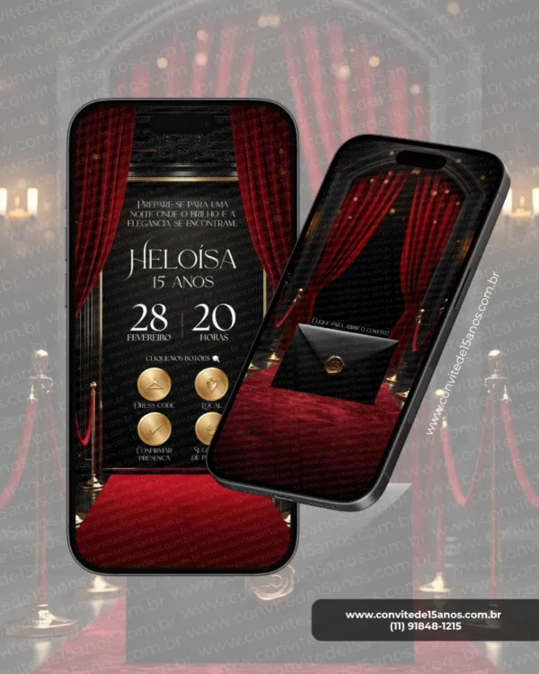 Convite Interativo Premium Baile da Vogue para festa de 15 anos com tapete vermelho, cortinas de veludo, botões dourados, iluminação elegante e design inspirado em eventos de gala, em formato de site.