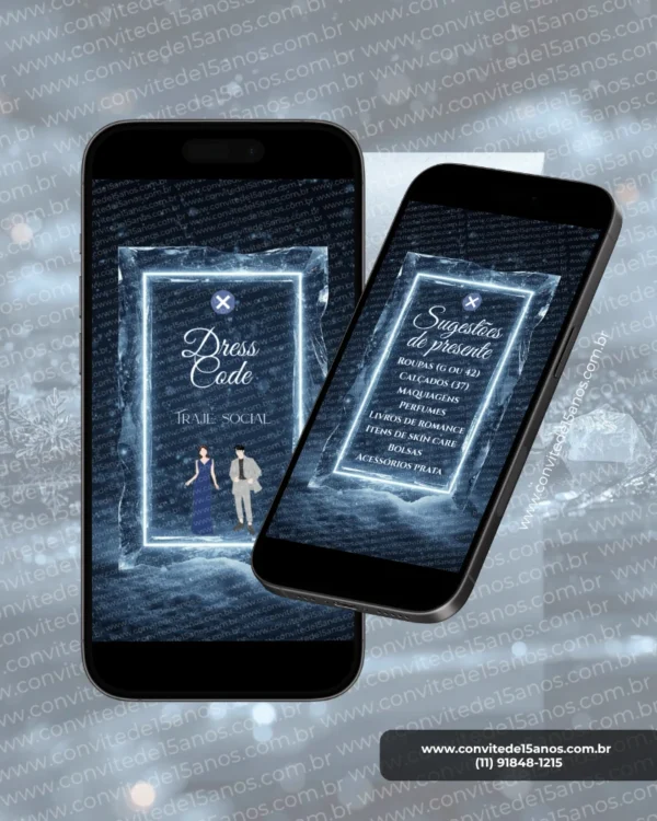 Convite Baile de Inverno Interativo Premium em formato de site, com telas exclusivas para dress code, sugestões de presentes, cristais, neve e detalhes sofisticados em tons de azul. Convite digital premium para festa de 15 anos.