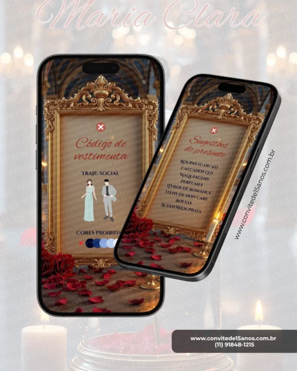 Tela de dress code e sugestões de presente do Convite de 15 Anos A Bela e a Fera. O design apresenta uma moldura dourada ornamentada inspirada em castelos encantados, cercada por rosas vermelhas, pétalas espalhadas e velas acesas. Em uma tela são exibidas as orientações de vestimenta para os convidados e, na outra, sugestões de presentes. A composição elegante e romântica remete ao universo mágico do clássico conto de fadas.