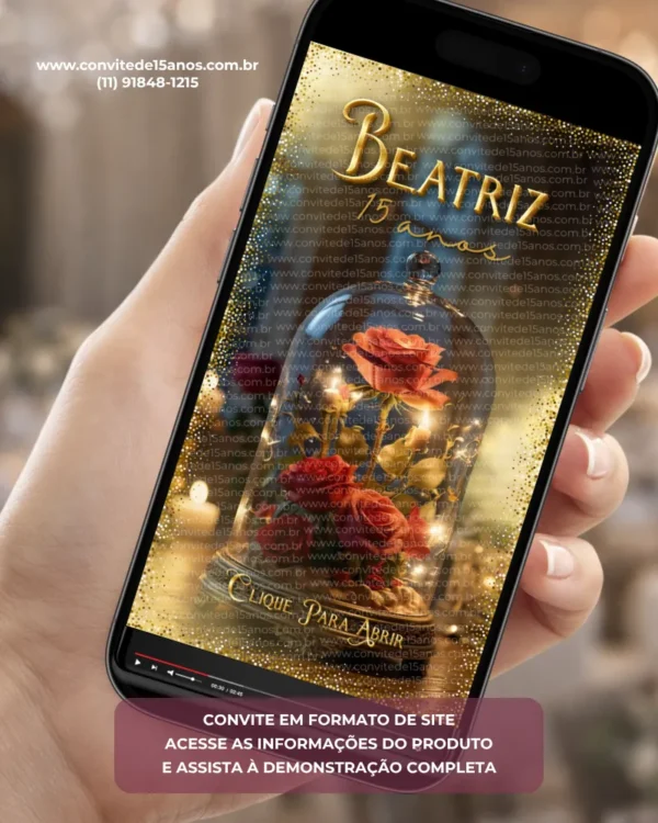 Convite de 15 Anos A Bela e a Fera Interativo Premium com rosa encantada na redoma de vidro, detalhes dourados, brilho elegante e layout digital em formato de site.