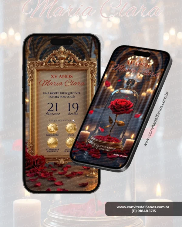 Parte interna do Convite de 15 Anos A Bela e a Fera com visual inspirado no clássico conto de fadas. O design apresenta uma moldura dourada ornamentada, rosas vermelhas espalhadas pelo cenário e iluminação suave de velas, criando uma atmosfera romântica e sofisticada. O convite interativo exibe data, horário, localização, confirmação de presença e sugestões de presente em um layout elegante e totalmente digital.