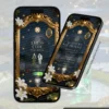 Tela de dress code e sugestões de presente do Convite de 15 Anos A Princesa e o Sapo em formato digital interativo. O design apresenta molduras douradas luxuosas, flores brancas delicadas, brilhos cintilantes e elementos inspirados no universo encantado da princesa Tiana. A primeira tela exibe orientações de vestimenta social e cores não recomendadas, enquanto a segunda apresenta sugestões de presentes em uma composição elegante e sofisticada. Os tons de verde esmeralda, dourado e preto criam uma atmosfera mágica inspirada nos contos de fadas.