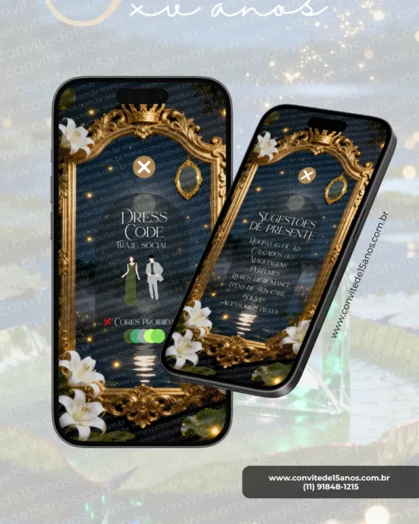 Tela de dress code e sugestões de presente do Convite de 15 Anos A Princesa e o Sapo em formato digital interativo. O design apresenta molduras douradas luxuosas, flores brancas delicadas, brilhos cintilantes e elementos inspirados no universo encantado da princesa Tiana. A primeira tela exibe orientações de vestimenta social e cores não recomendadas, enquanto a segunda apresenta sugestões de presentes em uma composição elegante e sofisticada. Os tons de verde esmeralda, dourado e preto criam uma atmosfera mágica inspirada nos contos de fadas.