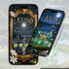 Parte interna do Convite de 15 Anos A Princesa e o Sapo em formato digital interativo. O design apresenta uma elegante moldura dourada ornamentada, inspirada nos salões clássicos de Nova Orleans, com detalhes em verde esmeralda e dourado. Flores brancas delicadas, brilhos cintilantes e referências ao universo da princesa Tiana criam uma atmosfera sofisticada e encantadora. A tela exibe as principais informações da festa, incluindo data, horário, localização e botões interativos para confirmação de presença, localização e sugestões de presente.