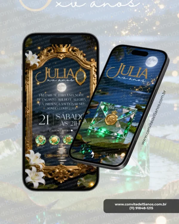 Parte interna do Convite de 15 Anos A Princesa e o Sapo em formato digital interativo. O design apresenta uma elegante moldura dourada ornamentada, inspirada nos salões clássicos de Nova Orleans, com detalhes em verde esmeralda e dourado. Flores brancas delicadas, brilhos cintilantes e referências ao universo da princesa Tiana criam uma atmosfera sofisticada e encantadora. A tela exibe as principais informações da festa, incluindo data, horário, localização e botões interativos para confirmação de presença, localização e sugestões de presente.