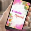 Convite de 15 Anos Animado Tropical com flores coloridas, folhagens tropicais e cores vibrantes. Convite digital personalizado para debutantes com tema tropical.