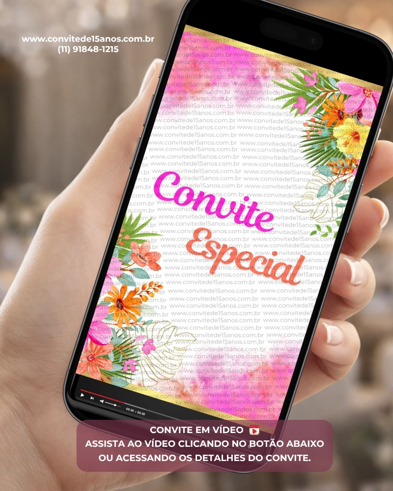 Convite de 15 Anos Animado Tropical com flores coloridas, folhagens tropicais e cores vibrantes. Convite digital personalizado para debutantes com tema tropical.