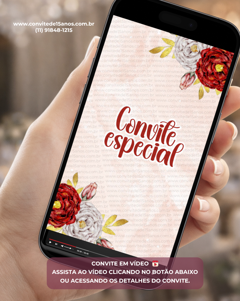 Convite de 15 Anos Animado Vermelho com flores elegantes e animações sofisticadas. Convite digital personalizado para debutantes que desejam uma celebração marcante e inesquecível.