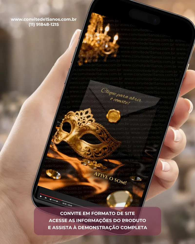 Capa do Convite de 15 Anos Baile de Máscaras em formato digital interativo. A arte apresenta uma elegante máscara veneziana dourada sobre um cenário sofisticado em tons de preto e dourado, iluminado por lustres luxuosos e brilhos cintilantes. Ao centro, um envelope digital preto com selo dourado convida os convidados a abrir o convite. A composição transmite glamour, mistério e requinte, criando a atmosfera perfeita para uma celebração inspirada nos tradicionais bailes de máscaras.