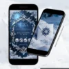 Parte interna do Convite de 15 Anos Baile de Inverno em formato digital interativo. A arte apresenta uma moldura ornamentada com cristais e detalhes prateados, cercada por flocos de neve e brilhos delicados. O fundo em tons de azul profundo remete a um elegante palácio de gelo, criando uma atmosfera mágica e sofisticada. A composição reúne as principais informações da festa, como data, horário, local, confirmação de presença e demais funcionalidades interativas, proporcionando uma experiência encantadora inspirada nos mais belos bailes de inverno.