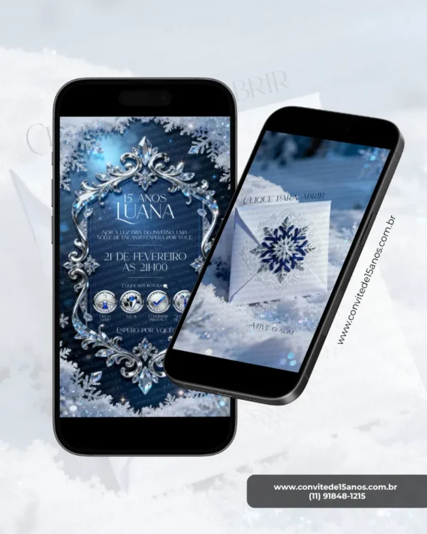 Parte interna do Convite de 15 Anos Baile de Inverno em formato digital interativo. A arte apresenta uma moldura ornamentada com cristais e detalhes prateados, cercada por flocos de neve e brilhos delicados. O fundo em tons de azul profundo remete a um elegante palácio de gelo, criando uma atmosfera mágica e sofisticada. A composição reúne as principais informações da festa, como data, horário, local, confirmação de presença e demais funcionalidades interativas, proporcionando uma experiência encantadora inspirada nos mais belos bailes de inverno.