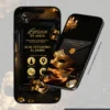 Parte interna do Convite de 15 Anos Baile de Máscaras em formato digital interativo. A arte apresenta um elegante design em preto e dourado, inspirado nos luxuosos bailes venezianos. O cenário conta com máscaras ornamentadas, detalhes dourados sofisticados e iluminação suave de lustres ao fundo. A tela reúne as principais informações da festa, além de botões interativos para localização, confirmação de presença, dress code e sugestões de presente, criando uma experiência refinada e envolvente para os convidados.