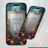 Tela de dress code e sugestões de presente do Convite de 15 Anos Branca de Neve em formato digital interativo. A composição apresenta uma elegante moldura clássica ornamentada em tons dourados, cercada por maçãs vermelhas, folhagens delicadas e luzes cintilantes que remetem ao universo encantado da Branca de Neve. Em uma das telas são exibidas as orientações de vestimenta para os convidados, enquanto a outra reúne sugestões de presentes. O cenário inspirado em conto de fadas transmite charme, sofisticação e um toque de magia para a celebração.