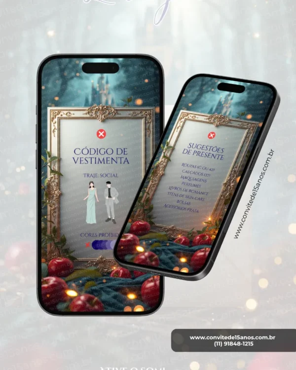 Tela de dress code e sugestões de presente do Convite de 15 Anos Branca de Neve em formato digital interativo. A composição apresenta uma elegante moldura clássica ornamentada em tons dourados, cercada por maçãs vermelhas, folhagens delicadas e luzes cintilantes que remetem ao universo encantado da Branca de Neve. Em uma das telas são exibidas as orientações de vestimenta para os convidados, enquanto a outra reúne sugestões de presentes. O cenário inspirado em conto de fadas transmite charme, sofisticação e um toque de magia para a celebração.