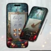 Parte interna do Convite de 15 Anos Branca de Neve em formato digital interativo. A arte apresenta uma elegante moldura ornamentada em tons dourados e champagne, com informações da festa organizadas de forma sofisticada. Ao fundo, um cenário encantado inspirado na floresta mágica da Branca de Neve, com maçãs vermelhas, folhagens delicadas e luzes douradas que criam uma atmosfera de conto de fadas. Os botões interativos para dress code, localização, confirmação de presença e sugestão de presente complementam a experiência moderna e elegante do convite.