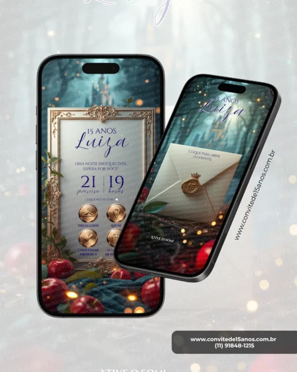 Parte interna do Convite de 15 Anos Branca de Neve em formato digital interativo. A arte apresenta uma elegante moldura ornamentada em tons dourados e champagne, com informações da festa organizadas de forma sofisticada. Ao fundo, um cenário encantado inspirado na floresta mágica da Branca de Neve, com maçãs vermelhas, folhagens delicadas e luzes douradas que criam uma atmosfera de conto de fadas. Os botões interativos para dress code, localização, confirmação de presença e sugestão de presente complementam a experiência moderna e elegante do convite.