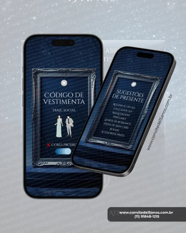Tela interna do Convite de 15 Anos Céu Estrelado apresentando as seções de dress code e sugestões de presente, com molduras ornamentadas em prata sobre fundo azul estrelado e elegante.