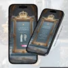 Página do Convite de 15 Anos Cinderela dedicada ao dress code e às sugestões de presente, com moldura dourada ornamentada, coroa real e elegante fundo azul inspirado em castelos e contos de fadas.