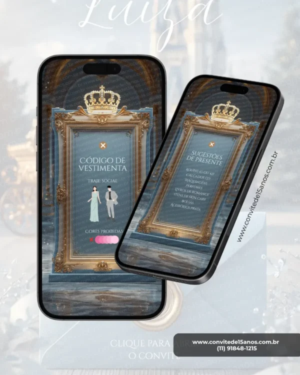 Página do Convite de 15 Anos Cinderela dedicada ao dress code e às sugestões de presente, com moldura dourada ornamentada, coroa real e elegante fundo azul inspirado em castelos e contos de fadas.