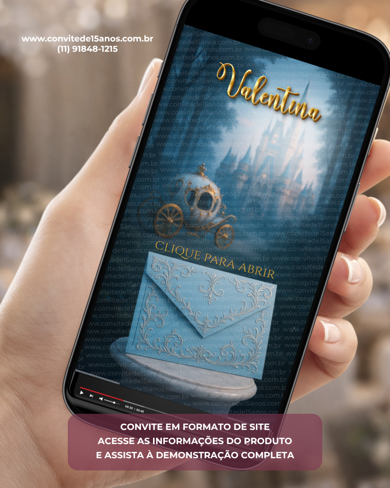 Convite de 15 Anos Cinderela Interativo Premium em formato de site, com carruagem dourada, castelo iluminado, envelope elegante azul e detalhes inspirados no clássico conto de fadas.
