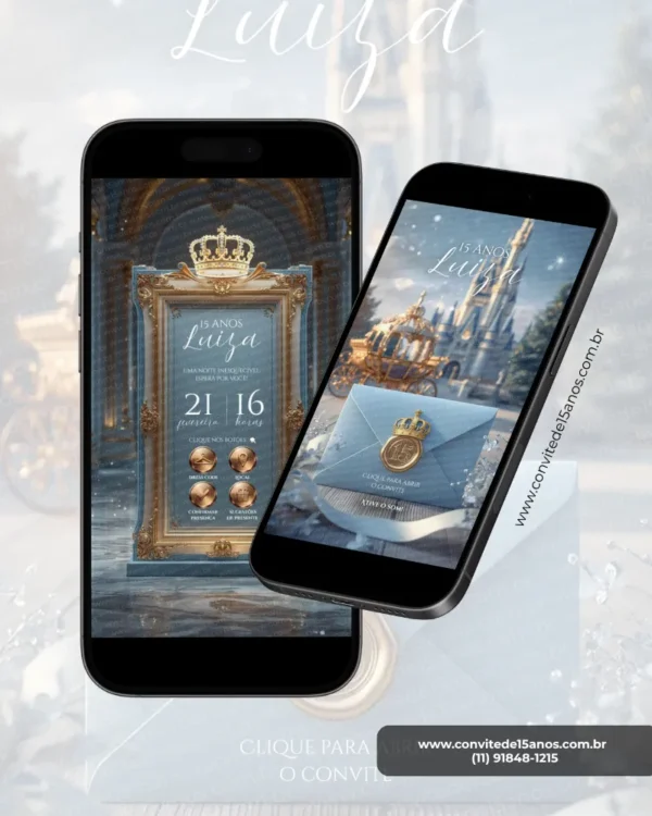 Visual interno do Convite de 15 Anos Cinderela apresentando o layout principal do convite com moldura real dourada, coroa ornamentada e fundo inspirado em castelo encantado, mantendo toda a elegância do conto de fadas.