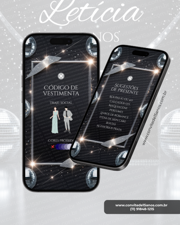 Tela complementar do Convite de 15 Anos Discoteca exibindo as seções de dress code e sugestões de presente. O layout apresenta fundo preto sofisticado com molduras iluminadas, bolas espelhadas e efeitos brilhantes inspirados nas clássicas pistas de dança. Os convidados encontram orientações de traje social, cores proibidas e ideias de presentes de forma elegante e organizada.