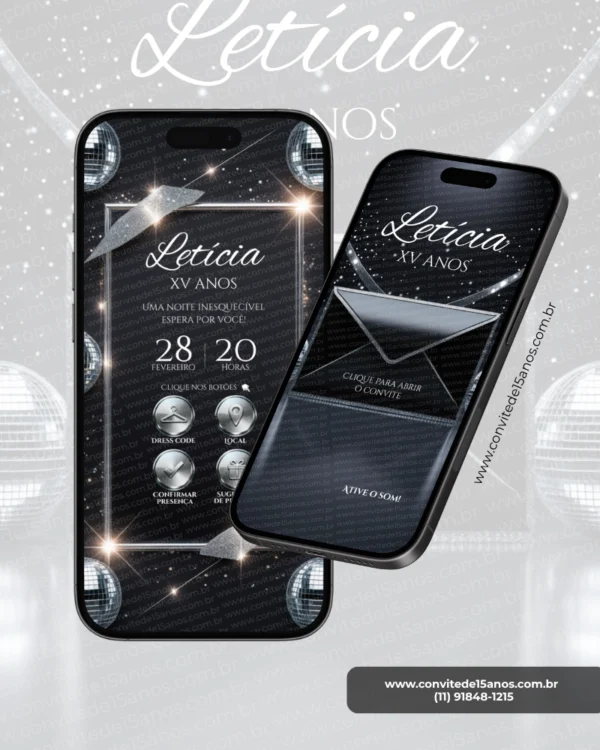 Parte interna do Convite de 15 Anos Discoteca Interativo Premium exibindo painel elegante com moldura iluminada, elementos metálicos prateados, bolas espelhadas e botões interativos para dress code, localização, confirmação de presença e sugestões de presente.