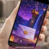Capa do Convite de 15 Anos Enrolados inspirada no universo mágico da princesa Rapunzel. A arte apresenta uma torre iluminada ao fundo, cercada por lanternas flutuantes douradas que iluminam o céu noturno. Em destaque, um envelope lilás com detalhes ornamentais e selo dourado simboliza a abertura do convite. O cenário transmite romantismo, magia e encanto, criando uma atmosfera digna de um verdadeiro conto de fadas.