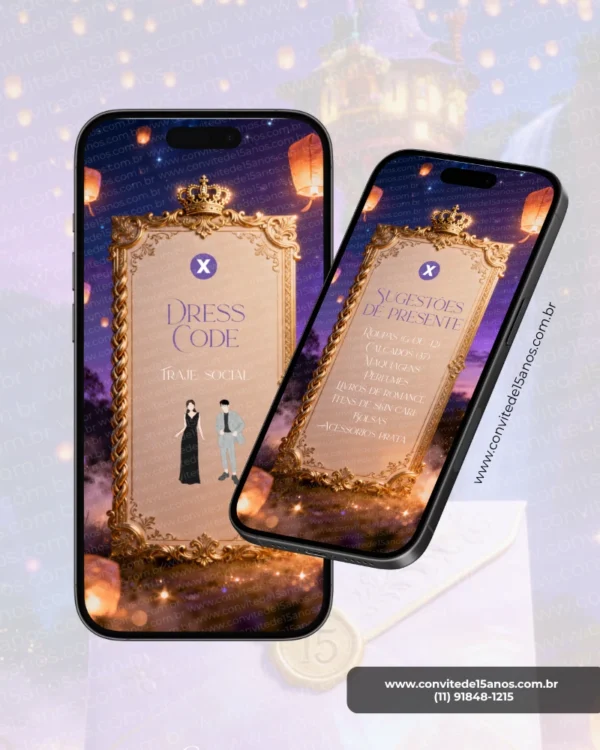 Tela de Dress Code e Sugestões de Presente do Convite de 15 Anos Enrolados inspirada no universo mágico de Rapunzel. O design apresenta uma elegante moldura dourada ornamentada, coroa real no topo e um cenário encantador iluminado por lanternas flutuantes. Em uma das telas são exibidas as orientações de vestimenta para os convidados e, na outra, sugestões de presentes. Os tons de lilás, dourado e a atmosfera romântica remetem ao clássico conto de fadas, criando uma experiência sofisticada e encantadora.